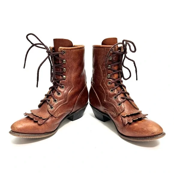 Vintage 1980s brown leather brogue lace up kiltie roper granny boots - Picture 5 of 9